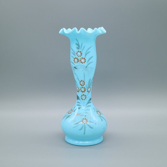 Victorian Late 19th Century Bristol Blue Milk Glass, Hand Painted, Hand Blown - Picture 1 of 8